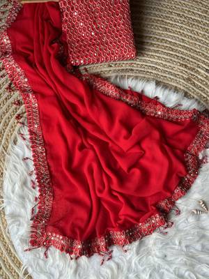 Red Color Embroidered And Mirror Work Georgette Saree 4