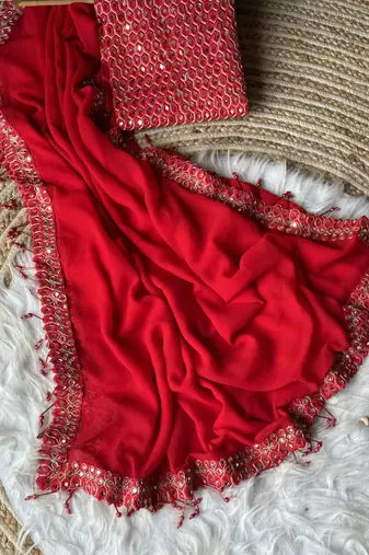 Red Color Embroidered And Mirror Work Georgette Saree