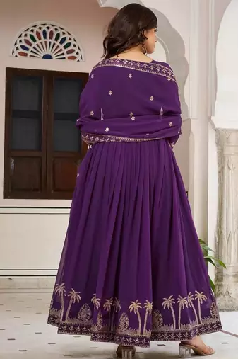 purple designer anarkali suit set with dupatta