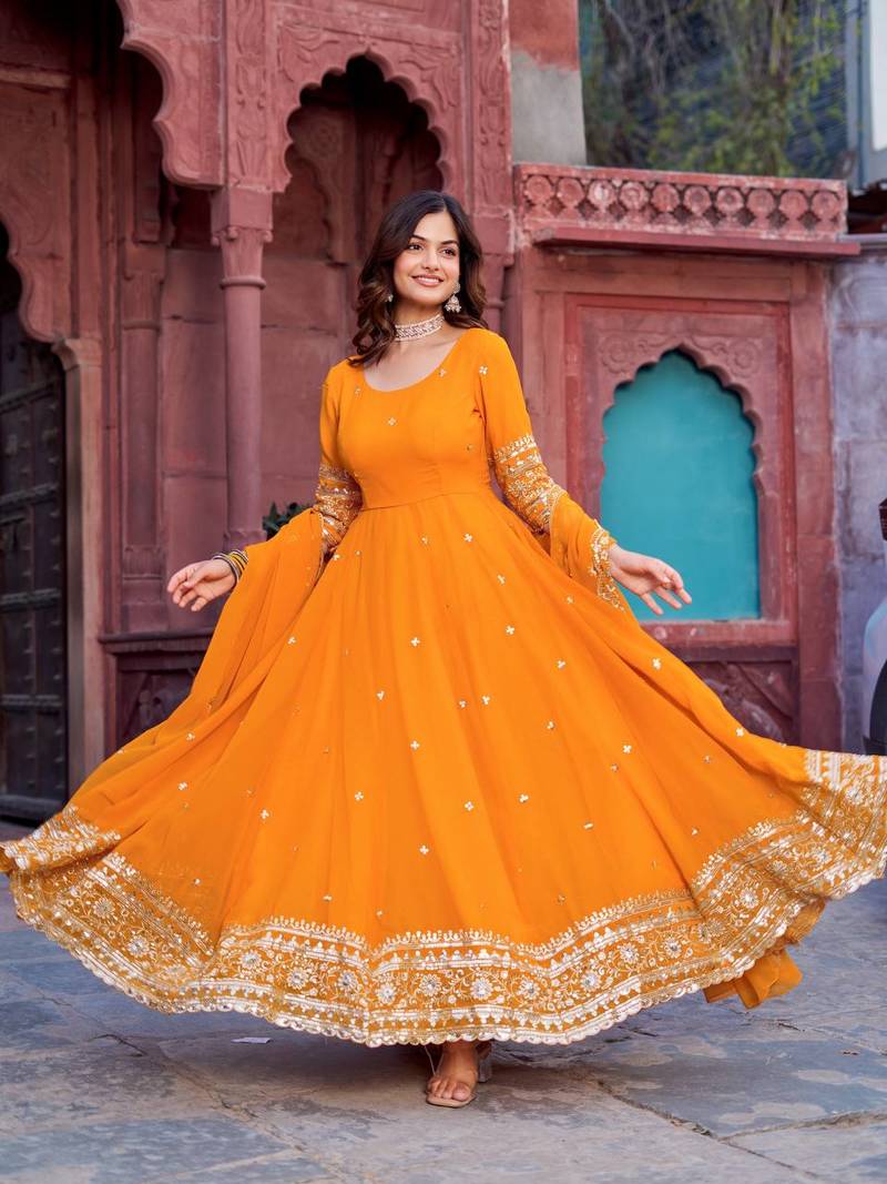 Yellow Anarkali Gown Suit Set Heavy Gown Suit Set