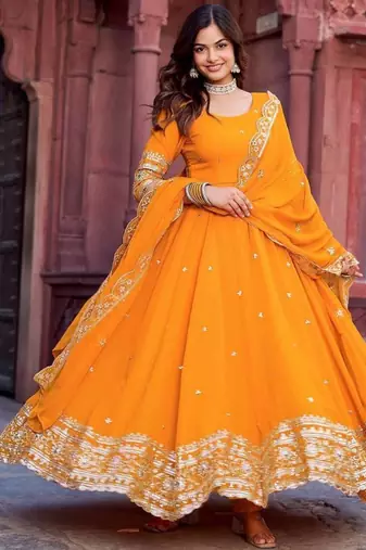 yellow heavy gown suit set gown suit set