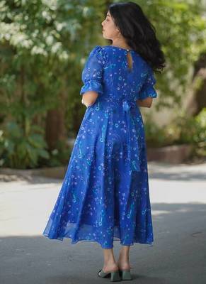 Women blue chiffon printed dress 2
