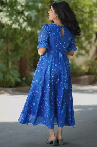Women blue chiffon printed dress