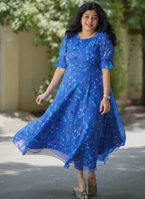 Women blue chiffon printed dress 3
