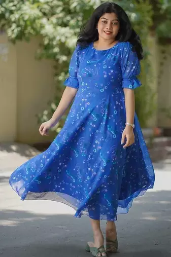 Women blue chiffon printed dress
