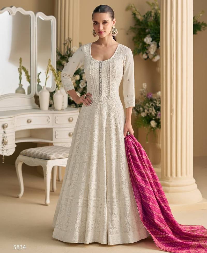 White georgette all over work anarkali full stitched wedding gowns upto 42