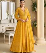 Yellow georgette all over work anarkali full stitched wedding gowns