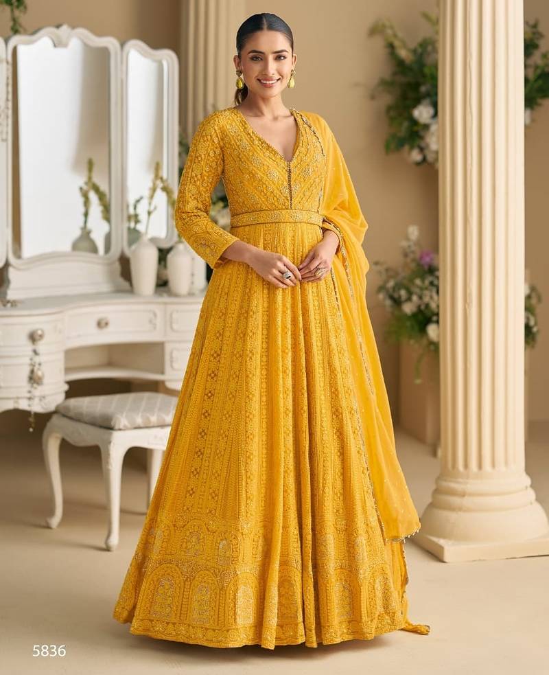 Yellow georgette all over work anarkali full stitched wedding gowns