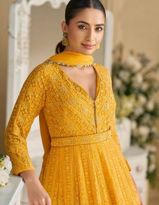 Yellow georgette all over work anarkali full stitched wedding gowns 2