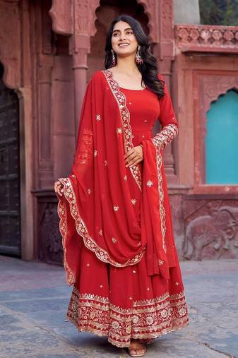 Red Anarkali Suit Set Designer Gown Suit Set With Dupatta
