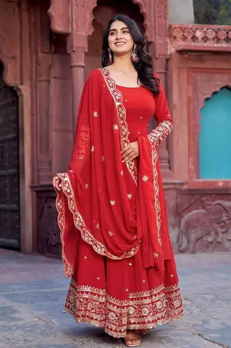 Red Anarkali Suit Set Designer Gown Suit Set With Dupatta