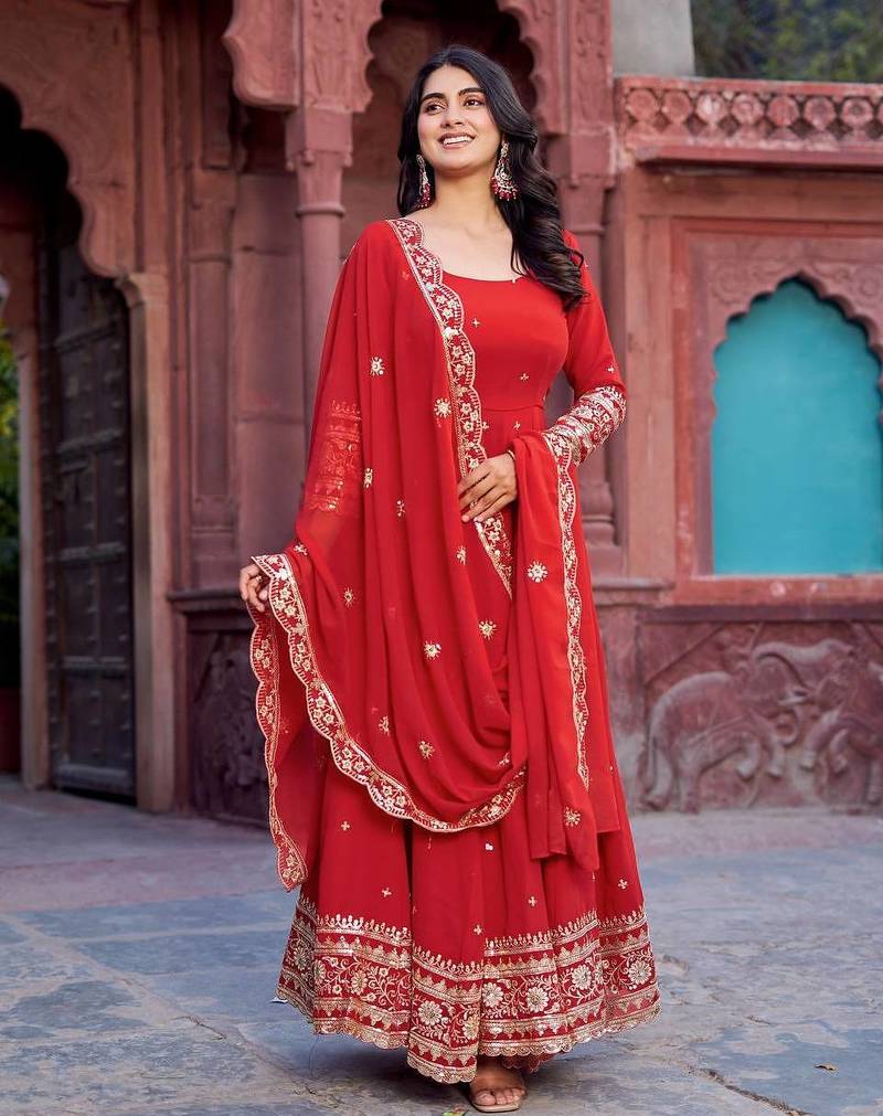 Red Anarkali Suit Set Designer Gown Suit Set With Dupatta