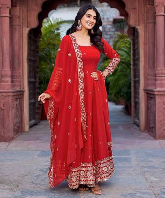 red designer anarkali suit set with dupatta 2