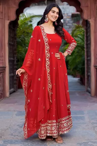 red designer anarkali suit set with dupatta