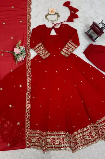 red designer anarkali suit set with dupatta