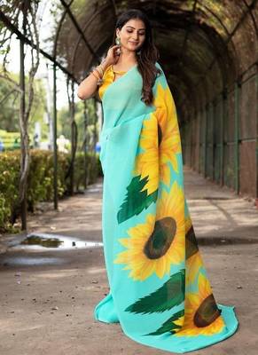 Sky Blue Color Printed Plain Georgette  Saree 1
