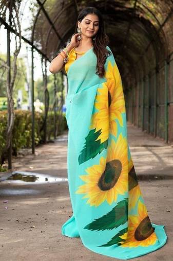 Sky Blue Color Printed Plain Georgette  Saree