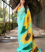 Sky Blue Color Printed Plain Georgette  Saree