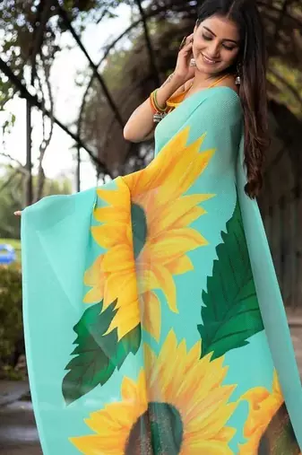 Sky Blue Color Printed Plain Georgette  Saree