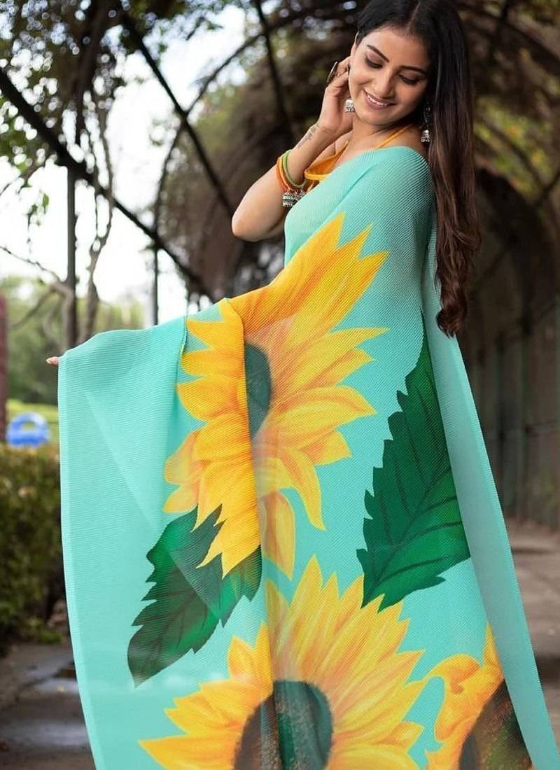 Sky Blue Color Printed Plain Georgette  Saree