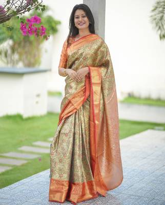 beige floral, zari woven faux kanjivaram saree with blouse 1