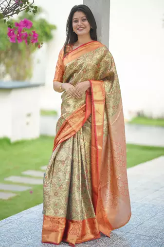 beige floral, zari woven faux kanjivaram saree with blouse