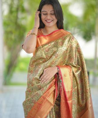 beige floral, zari woven faux kanjivaram saree with blouse 2