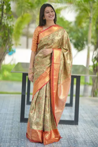 beige floral, zari woven faux kanjivaram saree with blouse