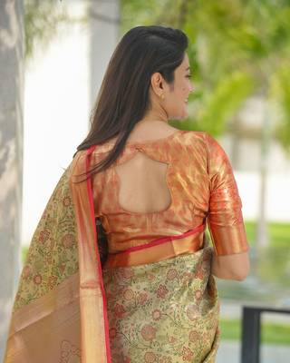 beige floral, zari woven faux kanjivaram saree with blouse 5