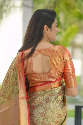 beige floral, zari woven faux kanjivaram saree with blouse