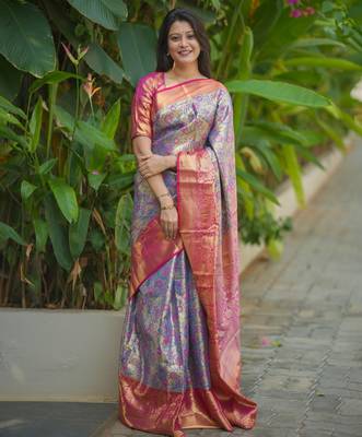 blue floral, zari woven faux kanjivaram saree with blouse 1