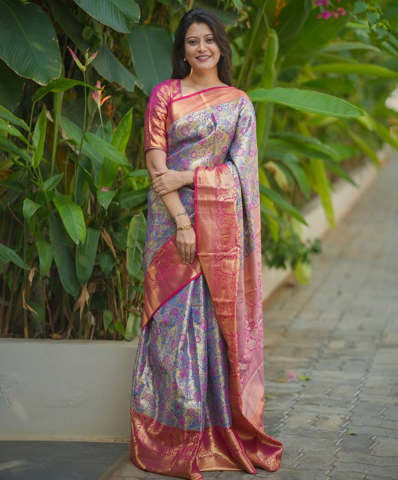 blue floral, zari woven faux kanjivaram saree with blouse