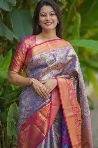 blue floral, zari woven faux kanjivaram saree with blouse