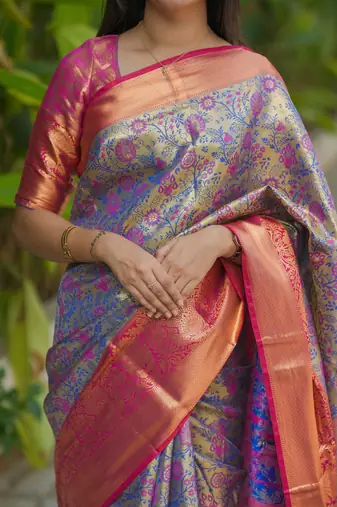 blue floral, zari woven faux kanjivaram saree with blouse