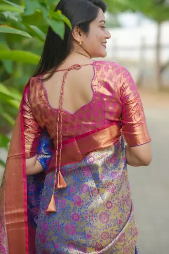 blue floral, zari woven faux kanjivaram saree with blouse