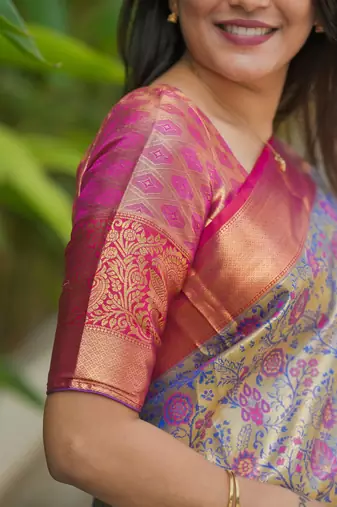 blue floral, zari woven faux kanjivaram saree with blouse