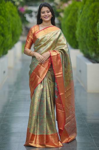 sea green floral, zari woven faux kanjivaram saree with blouse