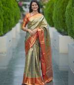 sea green floral, zari woven faux kanjivaram saree with blouse