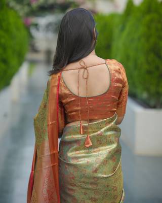 sea green floral, zari woven faux kanjivaram saree with blouse 4