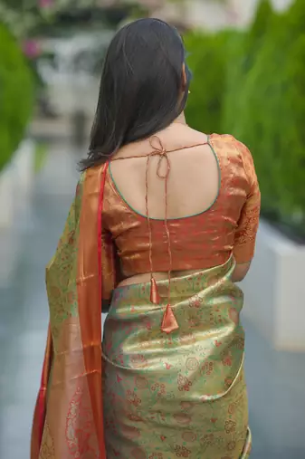 sea green floral, zari woven faux kanjivaram saree with blouse
