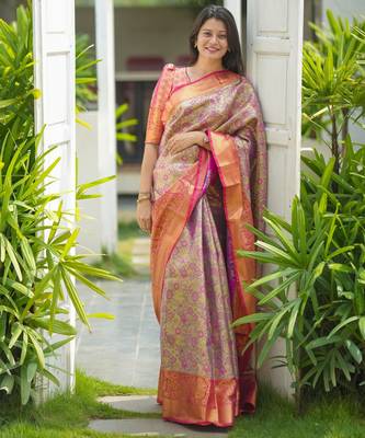 yellow floral, zari woven faux kanjivaram saree with blouse 1