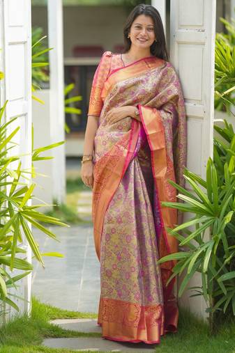 yellow floral, zari woven faux kanjivaram saree with blouse
