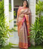 yellow floral, zari woven faux kanjivaram saree with blouse