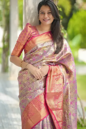 yellow floral, zari woven faux kanjivaram saree with blouse