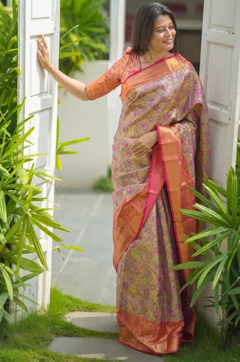 yellow floral, zari woven faux kanjivaram saree with blouse