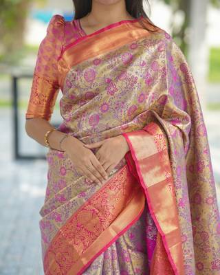 yellow floral, zari woven faux kanjivaram saree with blouse 4