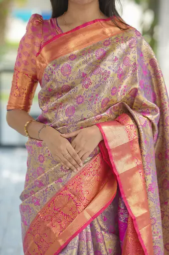 yellow floral, zari woven faux kanjivaram saree with blouse