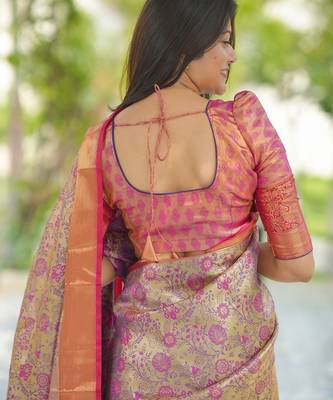 yellow floral, zari woven faux kanjivaram saree with blouse 5