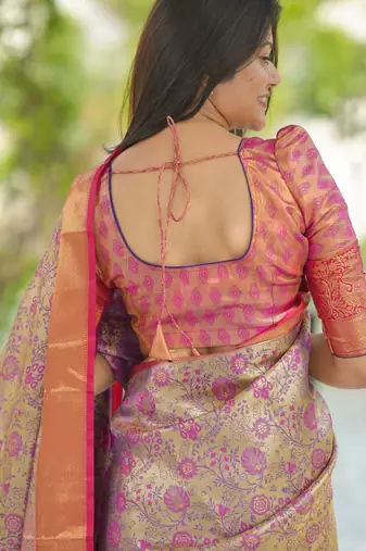 yellow floral, zari woven faux kanjivaram saree with blouse