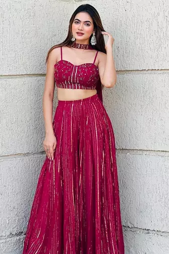 Designer Maroon Crop Top Lehenga with Dupatta